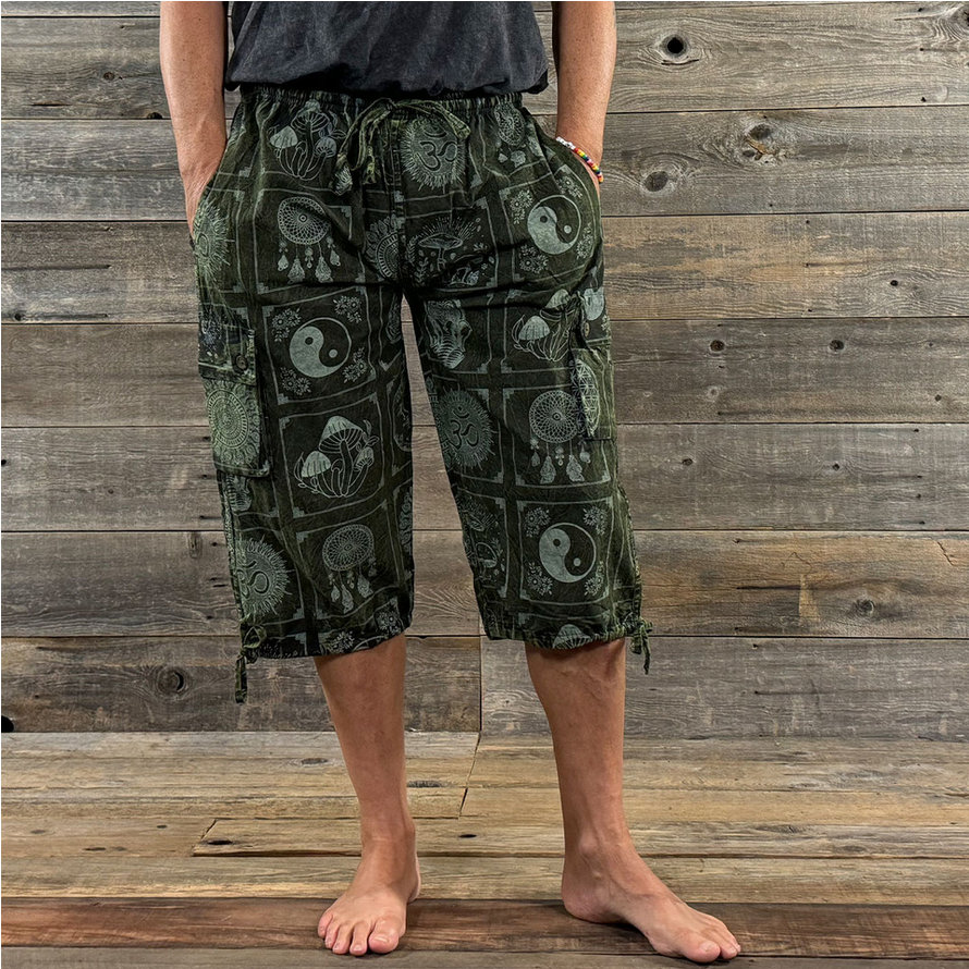 Men's Cotton Enzyme Dye Clam Diggers - 3/4 Pants w/ Multi Print
