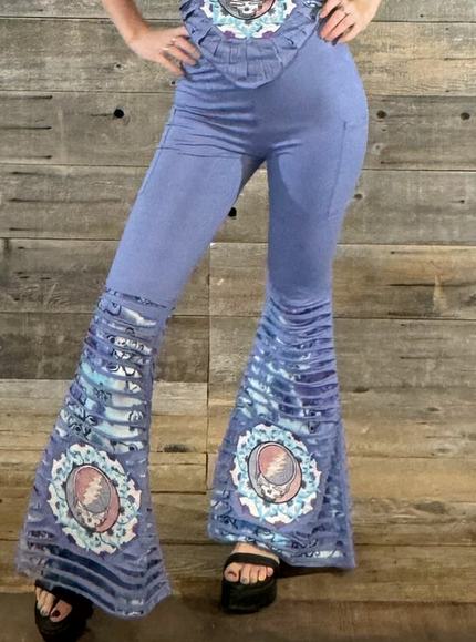 Women's Grateful Dead Cotton Lycra Razor Cut Tie Dye w/ Embroidered Steal your Face Tonal Mandala Booty Pants