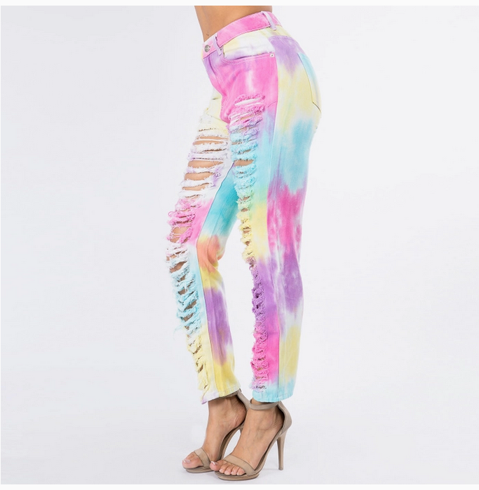 Women's Distressed Tie Dye Straight Mom Jeans