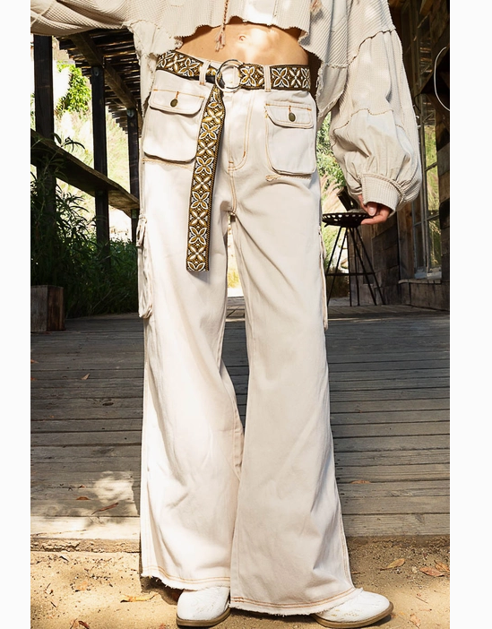 Elastic Waist Band Cargo Pockets Wide Leg Long Pants