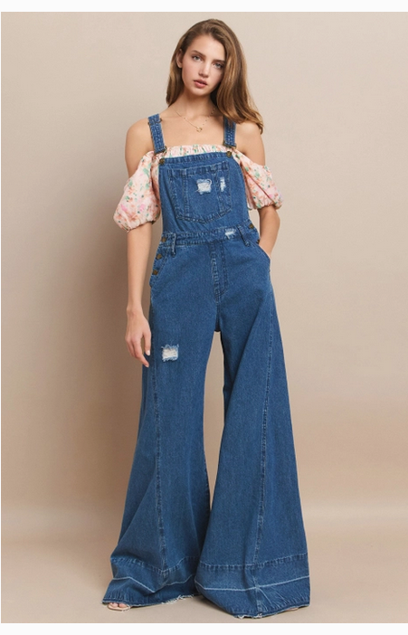 Women's Wide Leg Distressed Denim Overalls