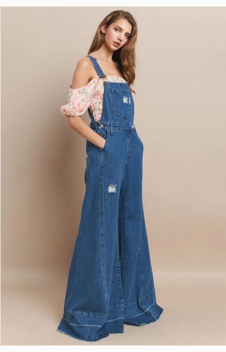 Women's Wide Leg Distressed Denim Overalls