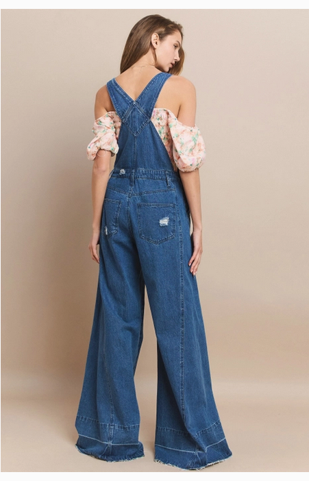 Women's Wide Leg Distressed Denim Overalls