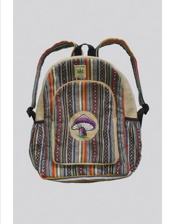Round Mushroom Embroidery Striped Hemp Backpack