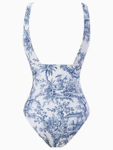 Blue Porcelain Print Plunge One Piece Swimsuit