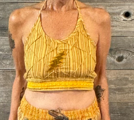 Women's Nepali Stripe Patchwork w/ Gold Grateful Dead 13 Point Bolt Embroidery Corset Back Chest Cover Up