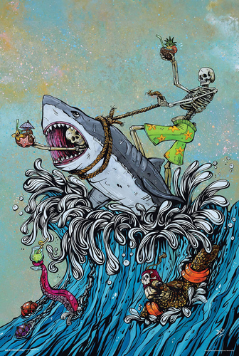 Great White Skeleton Surfer Poster