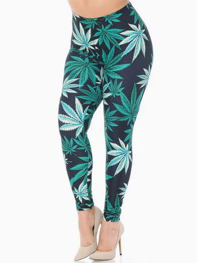 Women's Poly Spandex Creamy Soft Pot Leaf Plus Size Leggings