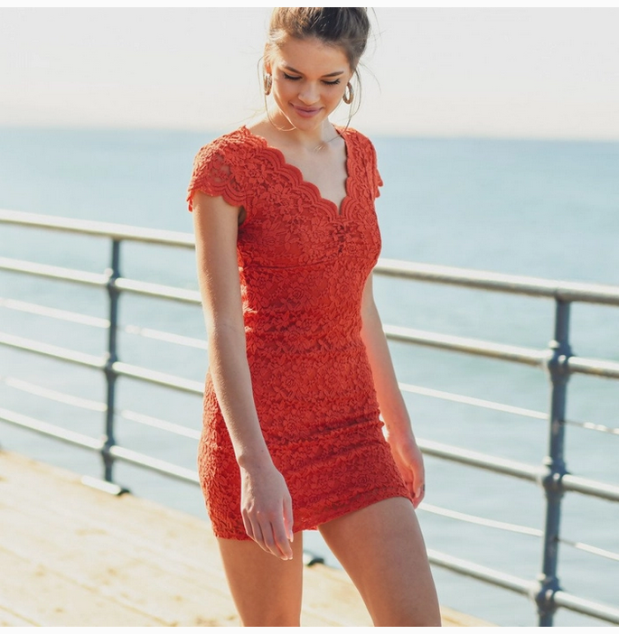 Women's Lace V-Neck Short Sleeve Bodycon Dress