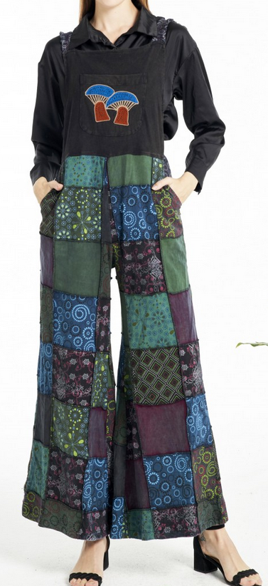 Women's Patchwork Bell Bottom Mushroom Overalls Jumpsuit