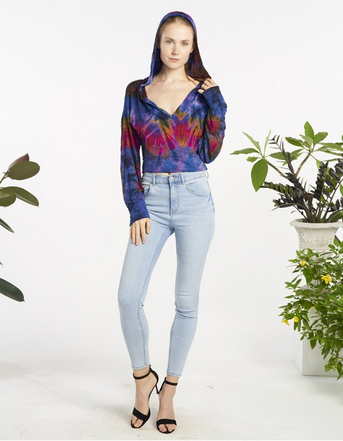 Women's Tie-Dye Cropped V-Neck Hoodie