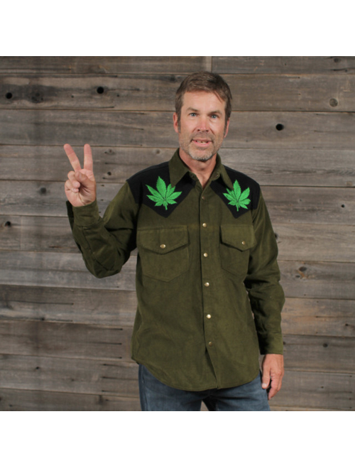 Men's Corduroy Snap Up Long Sleeve w/ Pot Leaf Embroidery Shirt
