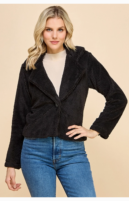 Women's Sherpa Notched Collar Open Front Crop Sherpa Jacket