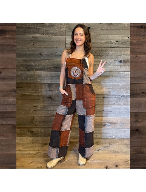 Unisex Stonewash Sweatshirt Fleece Patchwork Overalls w/ Steal Your Face Embroidery & Pockets