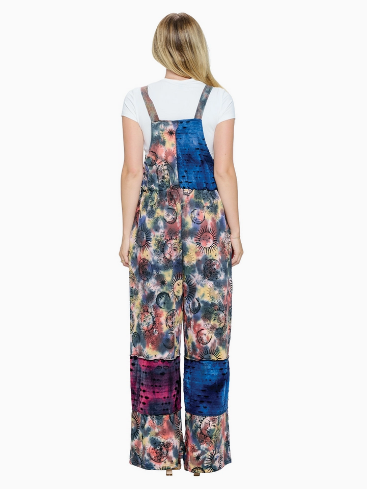 Women's Sun Moon Tie Dye Patchwork Overalls