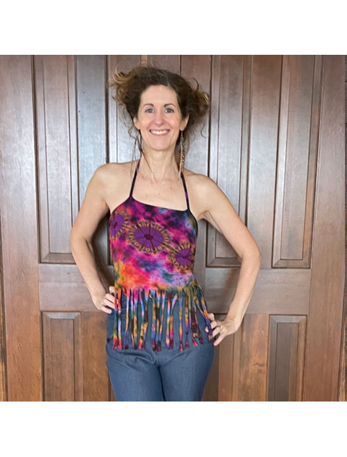 Women's Spandex Rayon Mudmee Tie Dye Fringe Halter Top