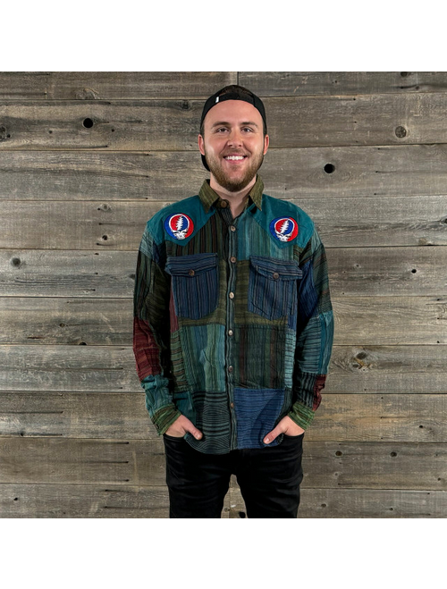 Men's Cotton Patchwork Long Sleeve Button Up Shirt w/ Grateful Dead Steal Your Face Double & Single Bolt Embroideries