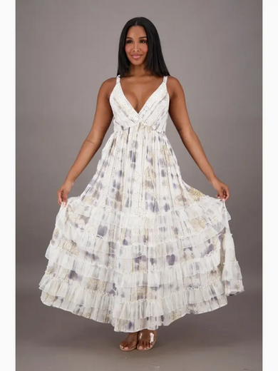 Women's Drip Dye Floral Detail Frill Dress
