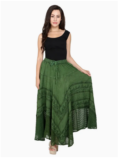 Women's Long Acid Washed Floral Embroidered Skirt