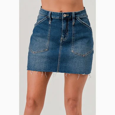 Women's Medium Wash Raw Hem Denim Mini Skirt