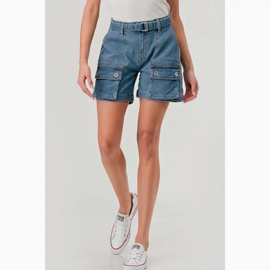 Women's Light Wash Cargo Denim Shorts with Belt