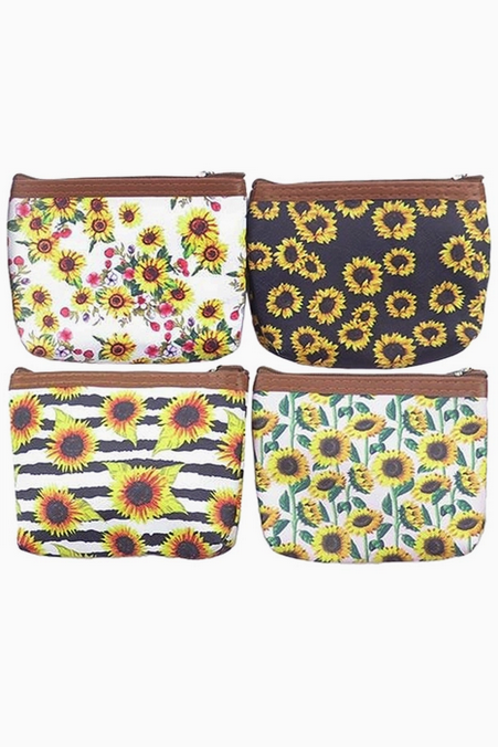 Small Sunflower Print Leather Coin Pouch