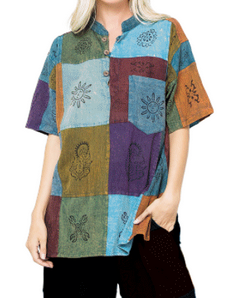 Women's Cotton Mixed Patchwork Mandarin Collar Shirt