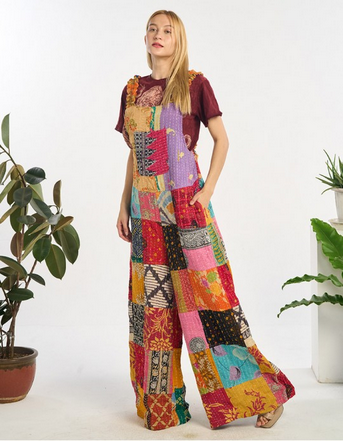 Women's Quilted Wide Leg Kantha Cotton Overalls