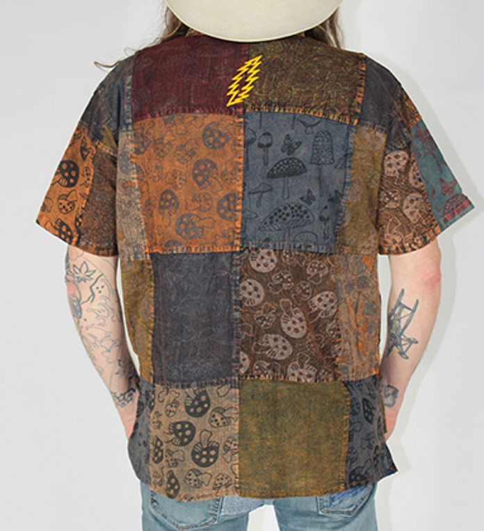Men's Cotton Grateful Dead Patchwork Mushroom Print Stealie Button-Down Shirt