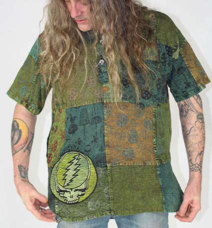 Men's Cotton Grateful Dead Patchwork Mushroom Print Stealie Button-Down Shirt