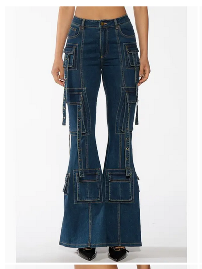 Boots Cut Denim Jeans with Cargo Flap Pockets