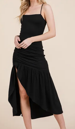 Women's Ruched Ruffle Flare Midi Slit Dress