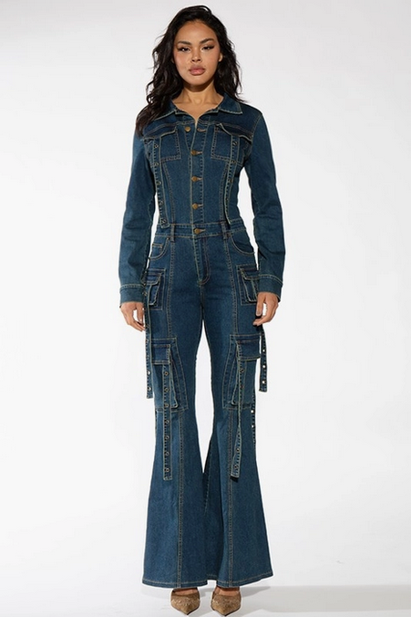 Women's Utility Flare Denim Jumpsuit