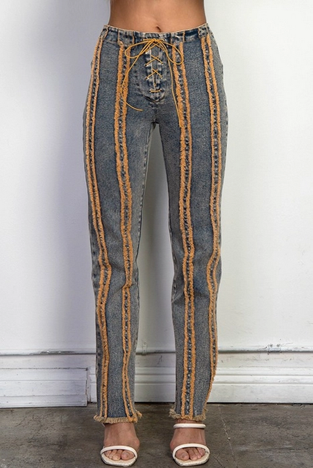 Women's High Rise Lace Up Frayed Denim Jeans