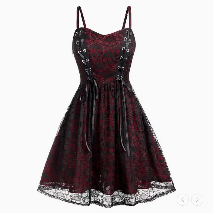 Women Vintage Gothic Lace Skull Print Strap Sling Dress