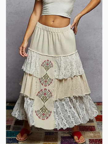 Vintage Wash Solid Double Gauze Lace Ruffle Floral Skirt