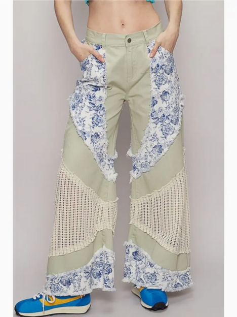 Floral Print Crochet Contrast Casual Pants