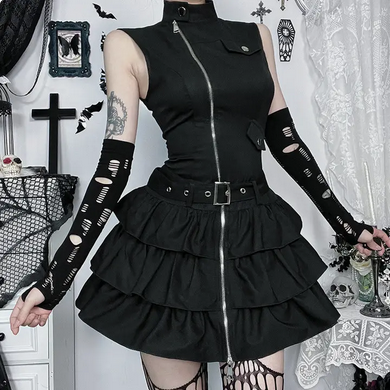 Women's Gothic Black Sleeveless Zip Dress