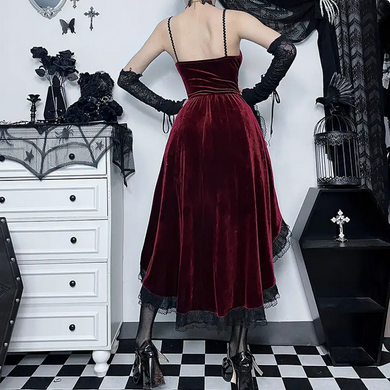Women's Gothic Velvet Lace-Up V-Neck High-Low Midi Dress