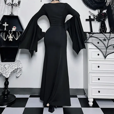 Women's Gothic Style Black Long Bell Sleeve Maxi Dress
