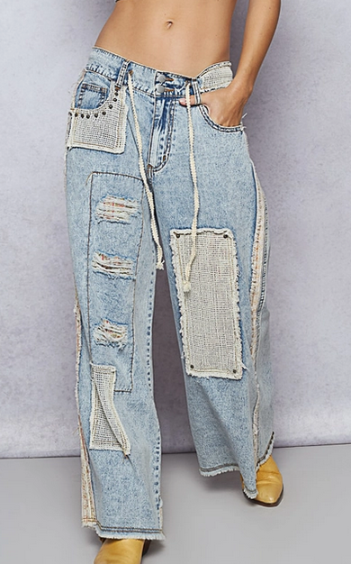 Women's Patchwork Stud Detail Woven Denim Pants
