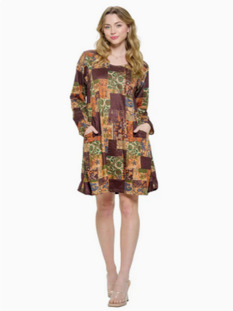 Women's Boho Floral Patchwork Printed Pocket Dress