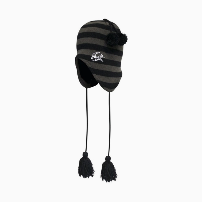 Sourpuss Gray & Black Sparrow Striped Trapper with Pom Poms