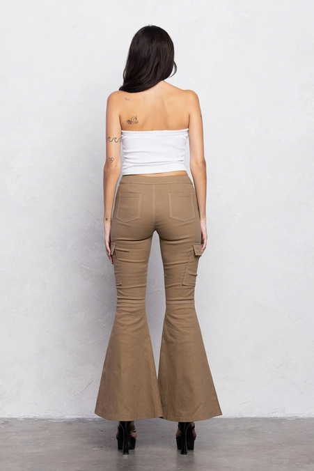 Women's Khaki Cargo Bell Bottom Pants w/ Stitching Detail