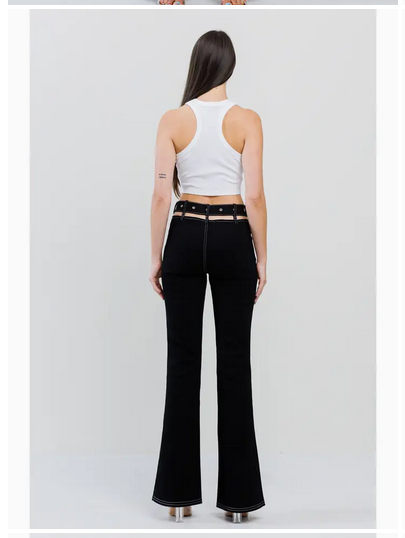 Women's Cutout Featured Stitch Belted On Bell Bottom Pants