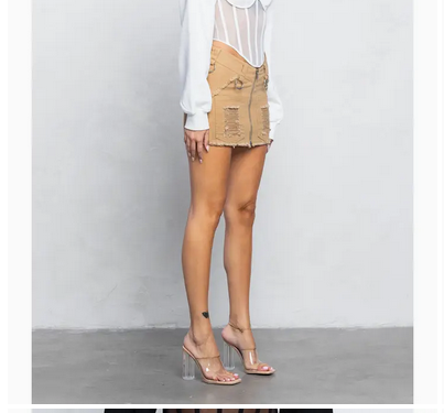 Women's Distressed V-Cut Mini Skirt w/ O-Ring Details