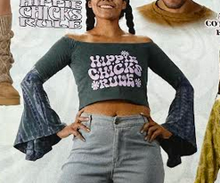 "Hippie Chicks Rule" Off-Shoulder Tie-Dye Bell Sleeve Top