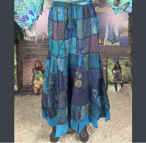 Women's Cotton Patchwork Elastic Drawstring Maxi Skirt