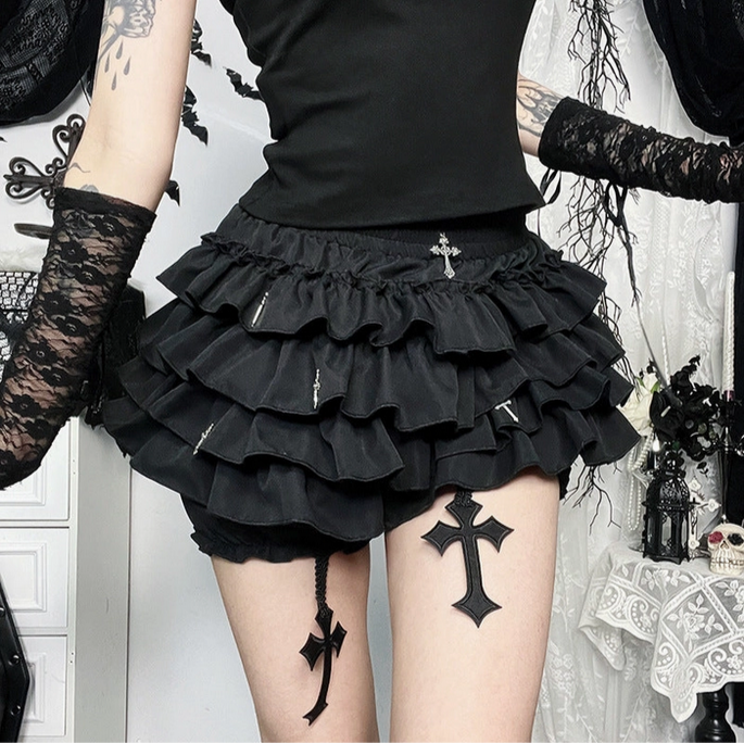 Women Gothic Cross Pendant Pleated Culottes