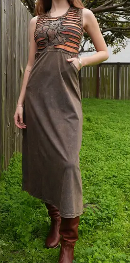 Women's Cotton Spandex Lace Up Back Tank Maxi Dress Razor Cut w/ Pockets & Grateful Dead Bear Embroidery